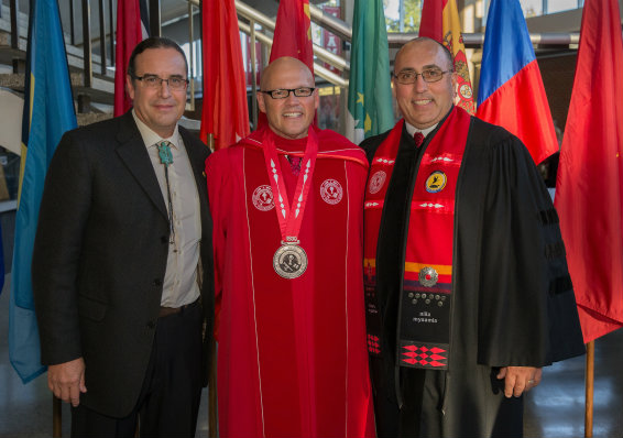 Myaamia Center Director Daryl Baldwin stands with Miami University President Greg Crawford and Miami Tribe Chief Doug Lankford at Crawford's 2016 inauguration.